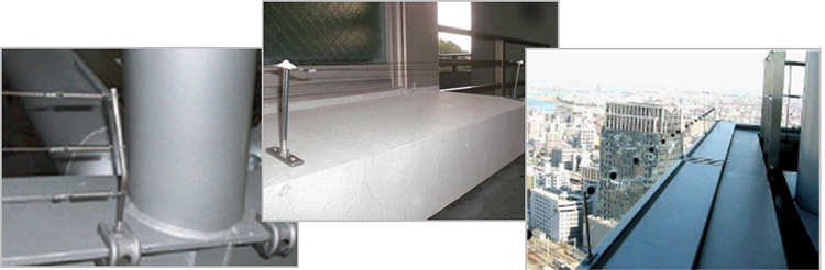 (左)三連式ワイヤーの設置例　(中央)建物縁への設置例　(右)磁石配置型ワイヤーの設置